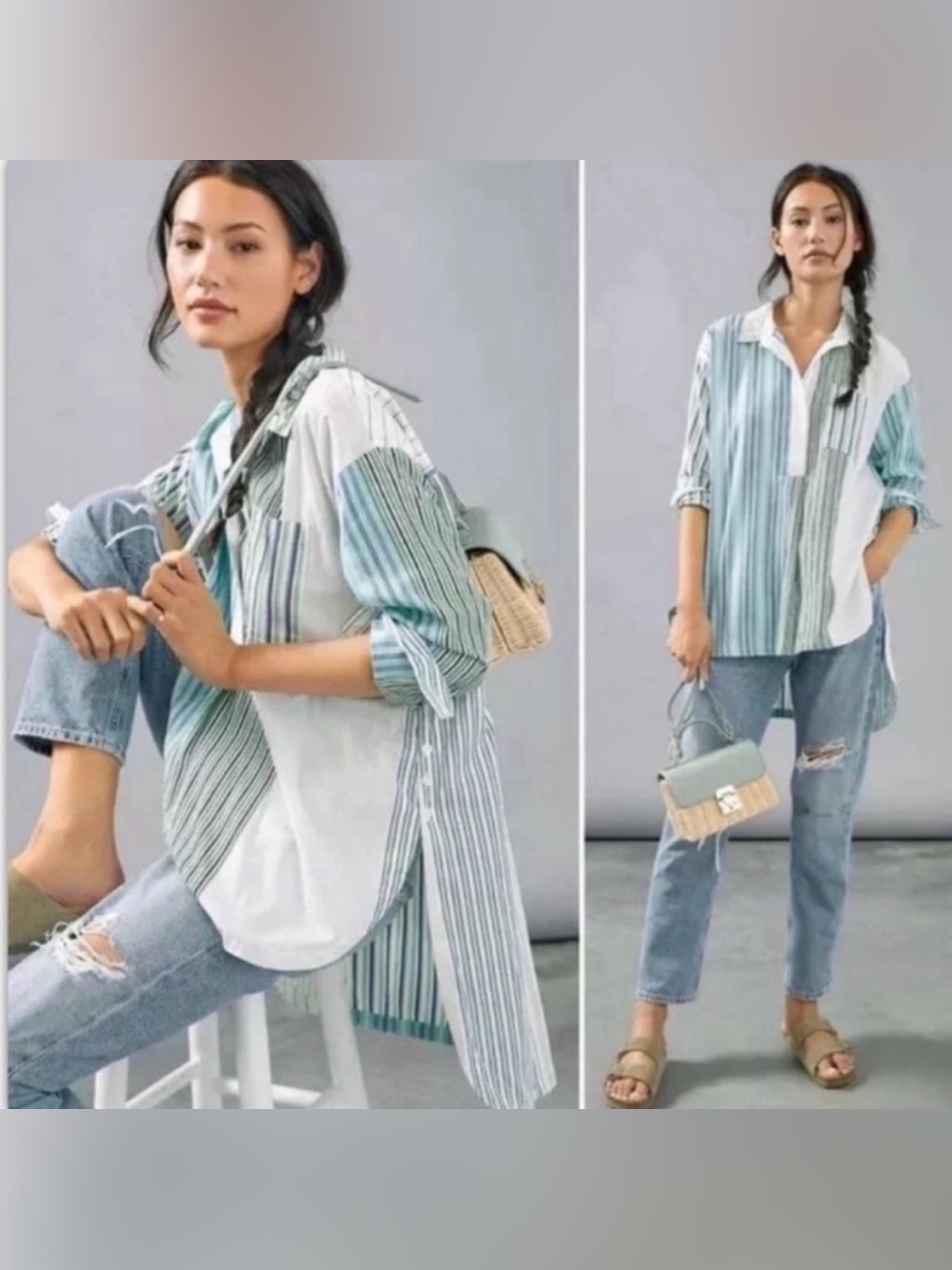 Anthropologie Maeve Alix Striped Henley Button Down‎ Shirt Tunic Poplin Size Med